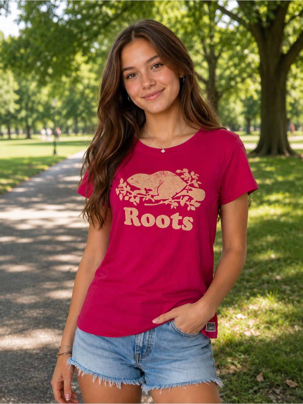 Roots Pink Tee with Cream Roots Logo